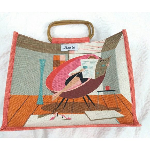 Diane B MCM style themed 'burlap' bag with wooden handle - Picture 1 of 12